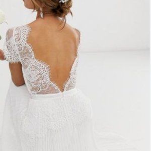ASOS EDITION Sophia plunge lace wedding dress with pleated skirt
